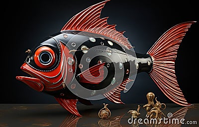 A red and black fish statue next to two small figurines. Generative AI image. Stock Photo