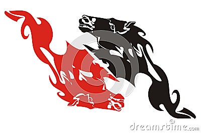 Red and black flaming horse heads - a double sign Vector Illustration