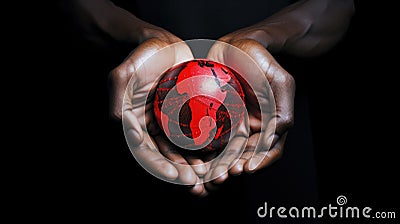 A red and black globe in the hands of a woman in close-up Stock Photo