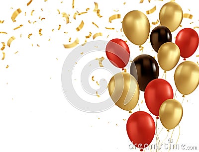 Red, black and gold balloons and golden confetti. Vector glossy realistic baloon on transparent background Vector Illustration