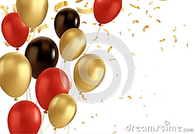 Red, black and gold balloons and golden confetti. Vector glossy realistic baloon on transparent background Vector Illustration