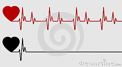 Red and black heart with palpitation. Red heartbeat, line of life and black heartbeat, line of death Vector Illustration