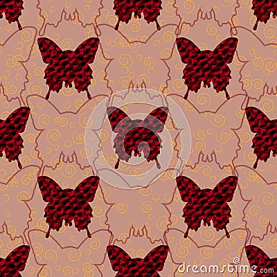 Red and black jeans butterflies and their silhouettes in pastel background with golden curls. Seamless pattern. Vector Illustration