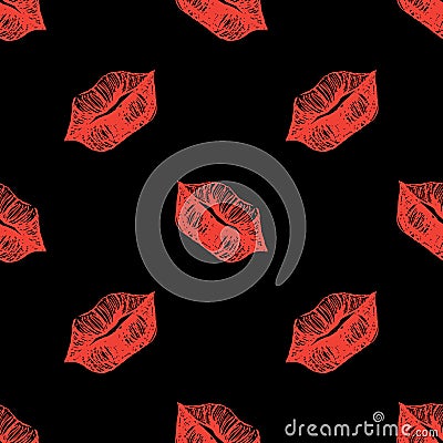 Red and black lips sketched seamless pattern texture background vector Vector Illustration