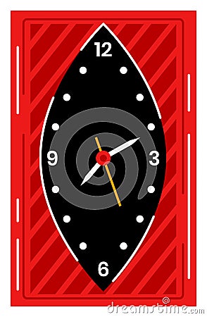 Red and black modern wall clock design, minimalist clock face with dots for hours. Time management and contemporary Vector Illustration