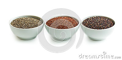 Red and black quinoa and chia seeds. Stock Photo