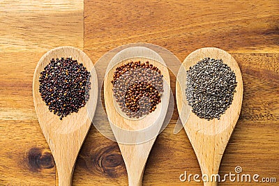 Red and black quinoa and chia seeds. Stock Photo