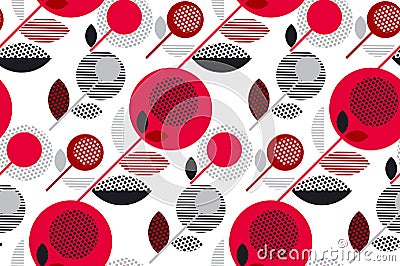 Red and black 60s floral retro pattern. Vector Illustration