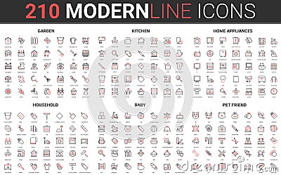 210 red black thin line household modern icon set of home appliance for kitchen housework, kitchenware, furniture tools Vector Illustration