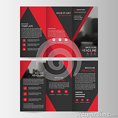 Red black triangle business trifold Leaflet Brochure Flyer report template vector minimal flat design set, abstract three fold Vector Illustration
