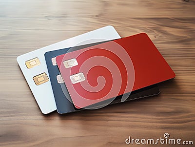 Red, black and white bank credit card on wooden table isolated AI Stock Photo