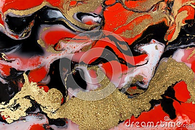 Red, black, white and gold paint liquid background. Abstract marble texture. Stock Photo