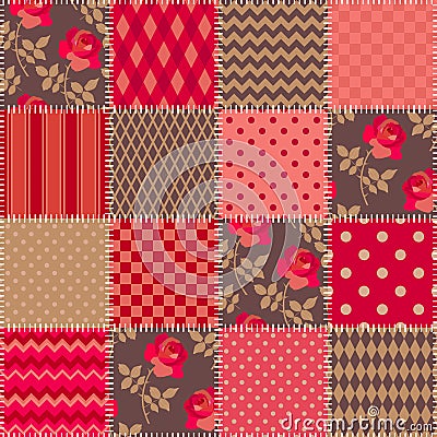 Red blanket in country style. Quilt design with rose flowers and geometric ornament. Seamless patchwork pattern. Vector Illustration