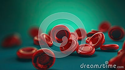 Red blood cells flowing on green background in scientific abstraction. Health and medicine concept. Stock Photo