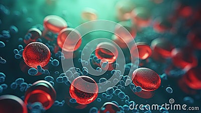 Red blood cells flowing on green background in scientific abstraction. Health and medicine concept. Stock Photo