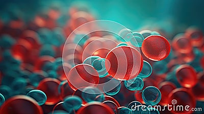 Red blood cells flowing on green background in scientific abstraction. Health and medicine concept. Stock Photo