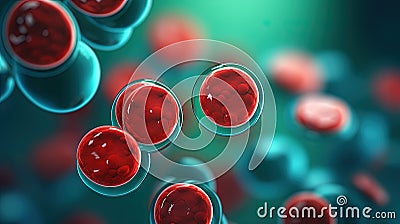 Red blood cells flowing on green background in scientific abstraction. Health and medicine concept. Stock Photo