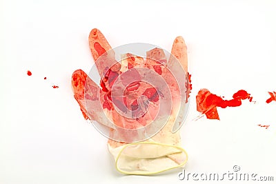 Red bloodshot in glove hand on white background Stock Photo