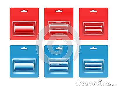 Red Blue Alkaline AA, AAA, Batteries in Packed Vector Illustration