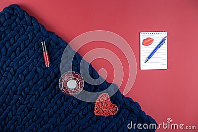 on red and blue background women& x27;s accessories, cosmetics and de Stock Photo