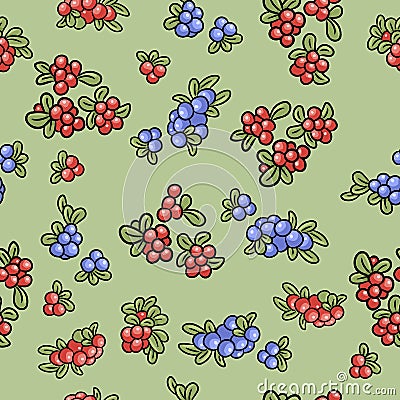 Red and blue berries colorful seamless pattern. Cowberry, lingonberry, blueberry Vector Illustration