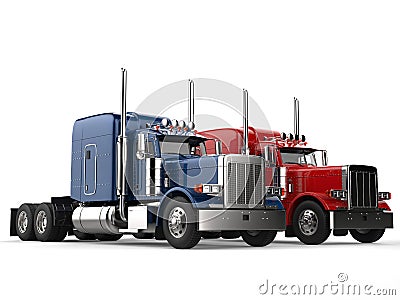 Red and blue big modern semi - trailer trucks - side by side Stock Photo