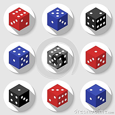 Red, blue and black casino dice on a white background. Vector Illustration