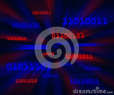 Red blue bytes of binary code flying in a vortex Stock Photo