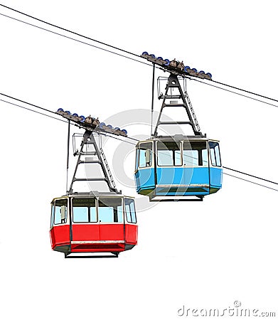 Red and blue cable cars. Stock Photo