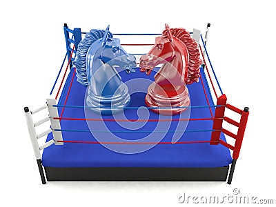 Red and blue chess knight confronting in boxing ring Stock Photo