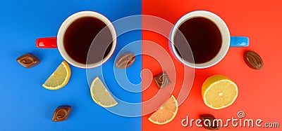 Red and blue cups with tea , lemon slices and chocolate candies Stock Photo