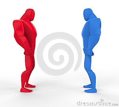 Red and blue 3D Strongmen in a stand off. Stock Photo