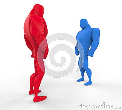Red and blue 3D Strongmen in a stand off Stock Photo