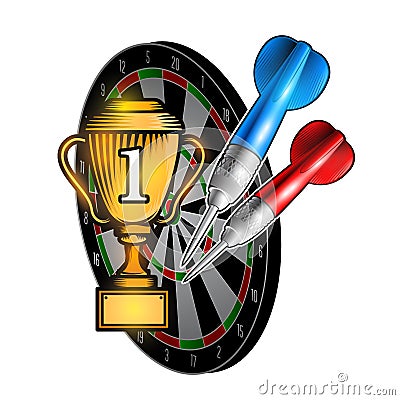 Red and blue darts with cup of first place on dartboard on white. Sport logo for any darts game or championship Vector Illustration