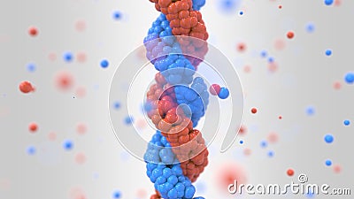 Red and blue DNA helix and particles, genetics related loopable 3D animation Stock Photo