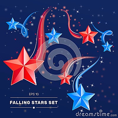 Red and blue falling stars on black background. Design elements for Independence, Patriot, Memorial, Veterans, Presidents day. EPS Vector Illustration