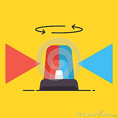 The red and blue flasher rotates and shines on a yellow background. Vector Illustration