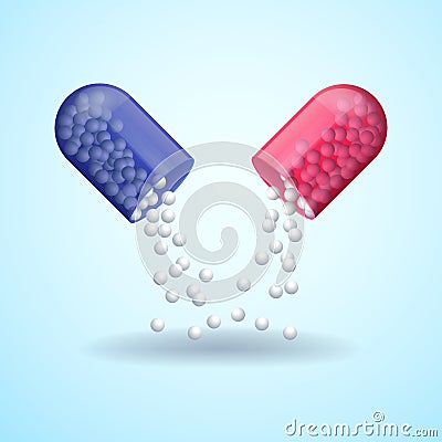 Red and blue full medical pill capsule with molecules Vector Illustration