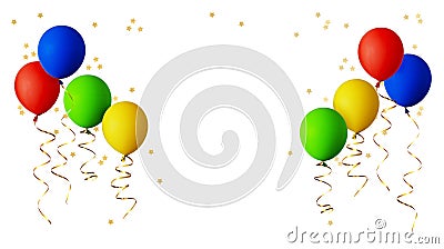 Red, blue, green and yellow balloons with gold ribbons and star Stock Photo