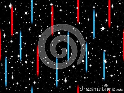 Red and blue lasers on the background of stars. Seamless pattern. Vector Vector Illustration