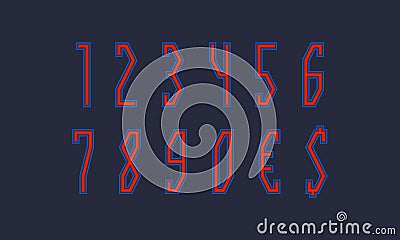 Red blue luminous isolated numbers and currency signs. Glowing display font Vector Illustration