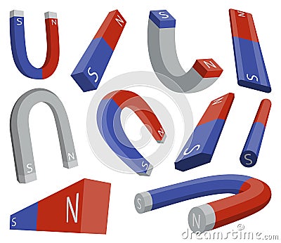 Red and blue magnet icons set with two poles north and south isolated on white. Magnetism, magnetize, attraction concept Vector Illustration