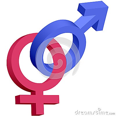 Red and blue male female 3D symbols interlocked Vector Illustration