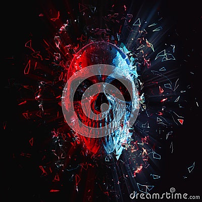 Red and blue neon polygon glowing skull Stock Photo