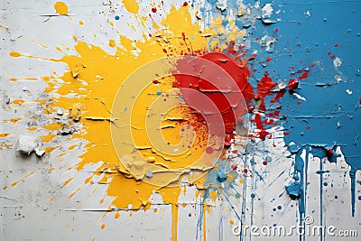 a red and blue paint splattered wall with a red heart painted on it Stock Photo