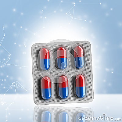 Red and blue pills in a blister on bokeh background Stock Photo