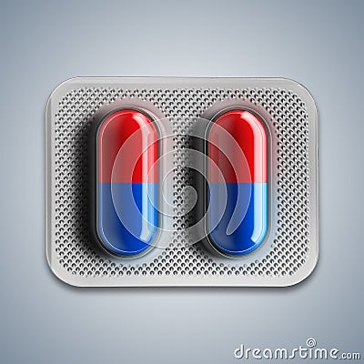 Red and blue pills in a blister on gray background Stock Photo