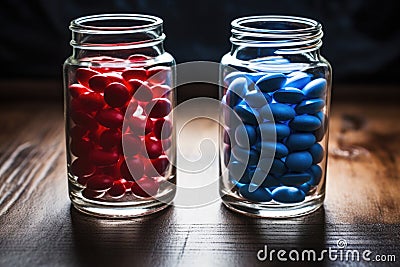 red and blue pills on a table for hypothetical decisions Stock Photo