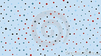 Red-blue pluses are randomly arranged on a light blue background. Illustration. Stock Photo