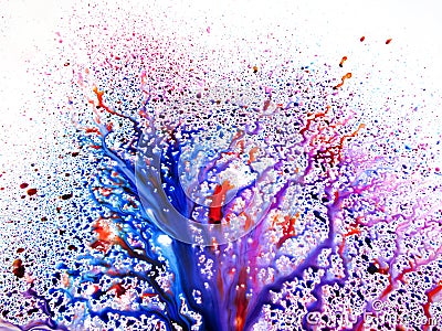 Red-blue-purple pattern in the shape of a tree from streams and spots of colored liquid. Saturated abstract spilled ink background Stock Photo